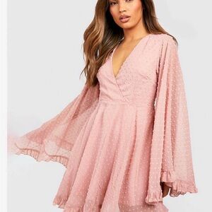 Boohoo Dusty Pink Swiss Dot V-Neck Long Sleeve Mini Dress